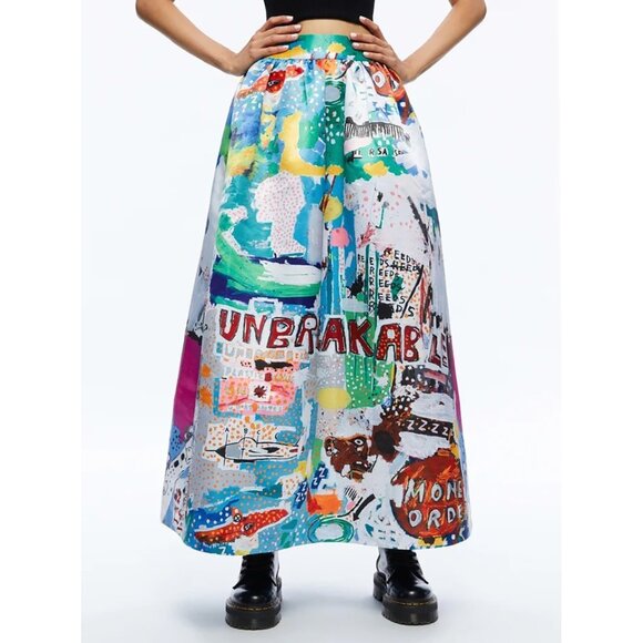 Alice + Olivia Basquiat Unbreakable Print Tina Maxi Skirt Blue Doodle Paint 2 - Picture 1 of 12